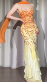 Ndyad Mermaid Spaghetti Straps Chiffon Beading Long Prom Dresses Vintage Evening Dress with Open Back HZ1024