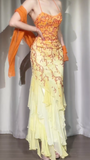 Ndyad Mermaid Spaghetti Straps Chiffon Beading Long Prom Dresses Vintage Evening Dress with Open Back HZ1024
