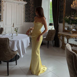 Ndyad Mermaid Yellow Satin Long Prom Dresses Elegant Formal Evening Gowns HZ1024