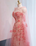 Ndyad Neck Sheath Tulle Applique Long Prom Dresses Sweet Pink Birthday Dresses HZ1024