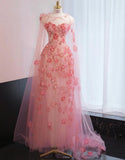 Ndyad Neck Sheath Tulle Applique Long Prom Dresses Sweet Pink Birthday Dresses HZ1024