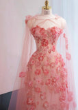 Ndyad Neck Sheath Tulle Applique Long Prom Dresses Sweet Pink Birthday Dresses HZ1024