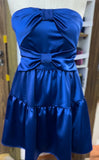 Ndyad Navy Blue Strapless A-Line Satin Short Evening Dress Sweet Homecoming Dress HZ1024