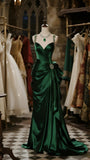 Ndyad Green Sheath V Neck Elegant Satin Long Prom Dresses Formal Evening Dresses HZ1024
