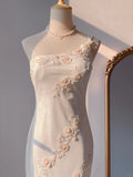 Ndyad White Mermaid One Shoulder Chiffon Long Evening Gown Gonws with Beading Vintage Prom Dresses HZ1024