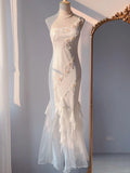 Ndyad White Mermaid One Shoulder Chiffon Long Evening Gown Gonws with Beading Vintage Prom Dresses HZ1024