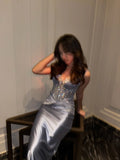 Ndyad Grey Blue Spaghetti Strap Sheath Satin Long Evening Gonws HZ1024