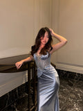 Ndyad Grey Blue Spaghetti Strap Sheath Satin Long Evening Gonws HZ1024