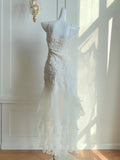 Ndyad White Spaghetti Strap Sheath Chiffon Prom Dresses Birthday Outfit with Appliques HZ1024