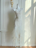 Ndyad White Spaghetti Strap Sheath Chiffon Prom Dresses Birthday Outfit with Appliques HZ1024