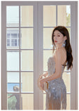 Ndyad Sheath Strapless Beaded Short Evening Dress Glitter Homecoming Dress With Tassels HZ1024