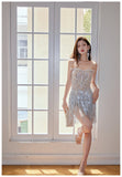 Ndyad Sheath Strapless Beaded Short Evening Dress Glitter Homecoming Dress With Tassels HZ1024