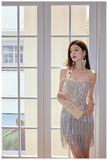 Ndyad Sheath Strapless Beaded Short Evening Dress Glitter Homecoming Dress With Tassels HZ1024