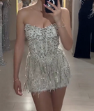 Ndyad Sheath Strapless Beaded Short Evening Gowns with Tassle Fashion Homecoming Dress HZ1024