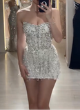 Ndyad Sheath Strapless Beaded Short Evening Gowns with Tassle Fashion Homecoming Dress HZ1024