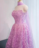 Ndyad Lilac A-Line Tulle Strapless Long Prom Dresses Quinceanera Dresses with Appliques HZ1024