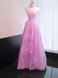 Ndyad Lilac A-Line Tulle Strapless Long Prom Dresses Quinceanera Dresses with Appliques HZ1024