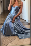 Ndyad Gray Blue Sheath Strapless Satin Long Prom Dresses Fashion Birthday Party Outfits HZ1024