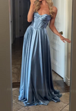 Ndyad Gray Blue Sheath Strapless Satin Long Prom Dresses Fashion Birthday Party Outfits HZ1024