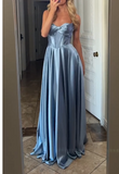 Ndyad Gray Blue Sheath Strapless Satin Long Prom Dresses Fashion Birthday Party Outfits HZ1024
