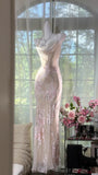 Ndyad Sheath Spaghetti Straps Printed Chiffon Long Prom Dresses Glam Evening Dress with Beading HZ1024