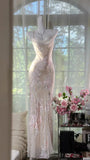 Ndyad Sheath Spaghetti Straps Printed Chiffon Long Prom Dresses Glam Evening Dress with Beading HZ1024