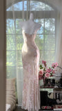 Ndyad Sheath Spaghetti Straps Printed Chiffon Long Prom Dresses Glam Evening Dress with Beading HZ1024