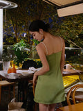 Ndyad Green Spaghetti Strap Satin Short Birthday Dress Chic Outdoor Party Dress HZ1024
