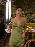 Ndyad Green Spaghetti Strap Satin Short Birthday Dress Chic Outdoor Party Dress HZ1024