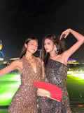 Ndyad Halter Sheath Sequin Short Evening Gowns, Champagne Gorgeous Homecoming Dress HZ1024