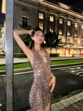 Ndyad Halter Sheath Sequin Short Evening Gowns, Champagne Gorgeous Homecoming Dress HZ1024