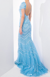 Ndyad Blue Sheath Beaded Long Evening Gowns, V-Neck Prom Dresses HZ1024