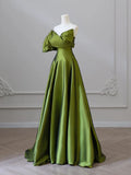 Evafashion Line V Neck Satin Green Long Prom Dress, Green Long Formal Dress HZ1024