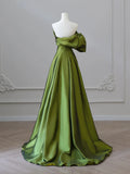 Evafashion Line V Neck Satin Green Long Prom Dress, Green Long Formal Dress HZ1024
