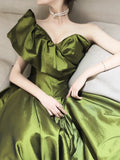 Evafashion Line V Neck Satin Green Long Prom Dress, Green Long Formal Dress HZ1024