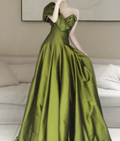Evafashion Line V Neck Satin Green Long Prom Dress, Green Long Formal Dress HZ1024