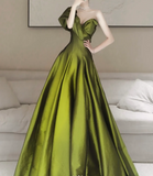 Evafashion Line V Neck Satin Green Long Prom Dress, Green Long Formal Dress HZ1024