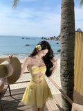 Evafashion Yellow A-Line Tulle Strapless Beach Holiday Short Dress HZ1024