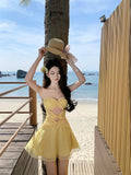 Evafashion Yellow A-Line Tulle Strapless Beach Holiday Short Dress HZ1024