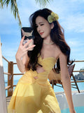 Evafashion Yellow A-Line Tulle Strapless Beach Holiday Short Dress HZ1024