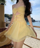 Evafashion Yellow A-Line Tulle Strapless Beach Holiday Short Dress HZ1024