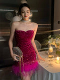 Ndyad Strapless Bodycon Sequin Short Evening Gown, Sparkling Rose Red Homecoming Dress HZ1024