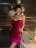 Ndyad Strapless Bodycon Sequin Short Evening Gown, Sparkling Rose Red Homecoming Dress HZ1024