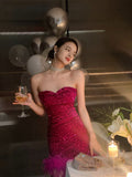 Ndyad Strapless Bodycon Sequin Short Evening Gown, Sparkling Rose Red Homecoming Dress HZ1024