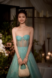 Ndyad Blue A-Line Spaghetti Strap Long Prom Dresses, Rhinestones Sweet 16 Dress HZ1024