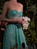 Ndyad Blue A-Line Spaghetti Strap Long Prom Dresses, Rhinestones Sweet 16 Dress HZ1024