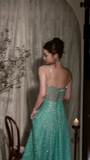 Ndyad Blue A-Line Spaghetti Strap Long Prom Dresses, Rhinestones Sweet 16 Dress HZ1024