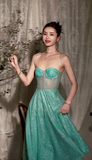 Ndyad Blue A-Line Spaghetti Strap Long Prom Dresses, Rhinestones Sweet 16 Dress HZ1024