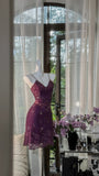 Ndyad Grape Purple Sheath Spaghetti Strap Chiffon Short Prom Dresses with Beading HZ1024