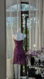 Ndyad Grape Purple Sheath Spaghetti Strap Chiffon Short Prom Dresses with Beading HZ1024